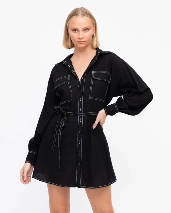 black shirt dress with white stitching Black Collared Shirt Dress with Scalloped Edges and White Piping Contr To The Nines