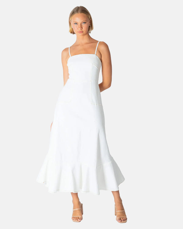 WHITE DENIM SQUARE NECKLINE MIDI DRESS