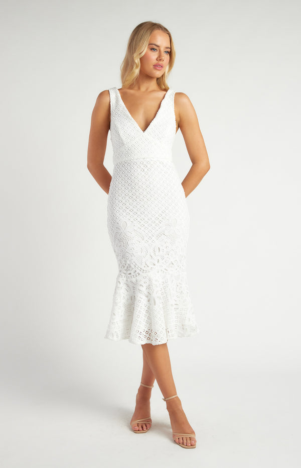 Lace V Neckline Midi Dress with Fishtail Hem